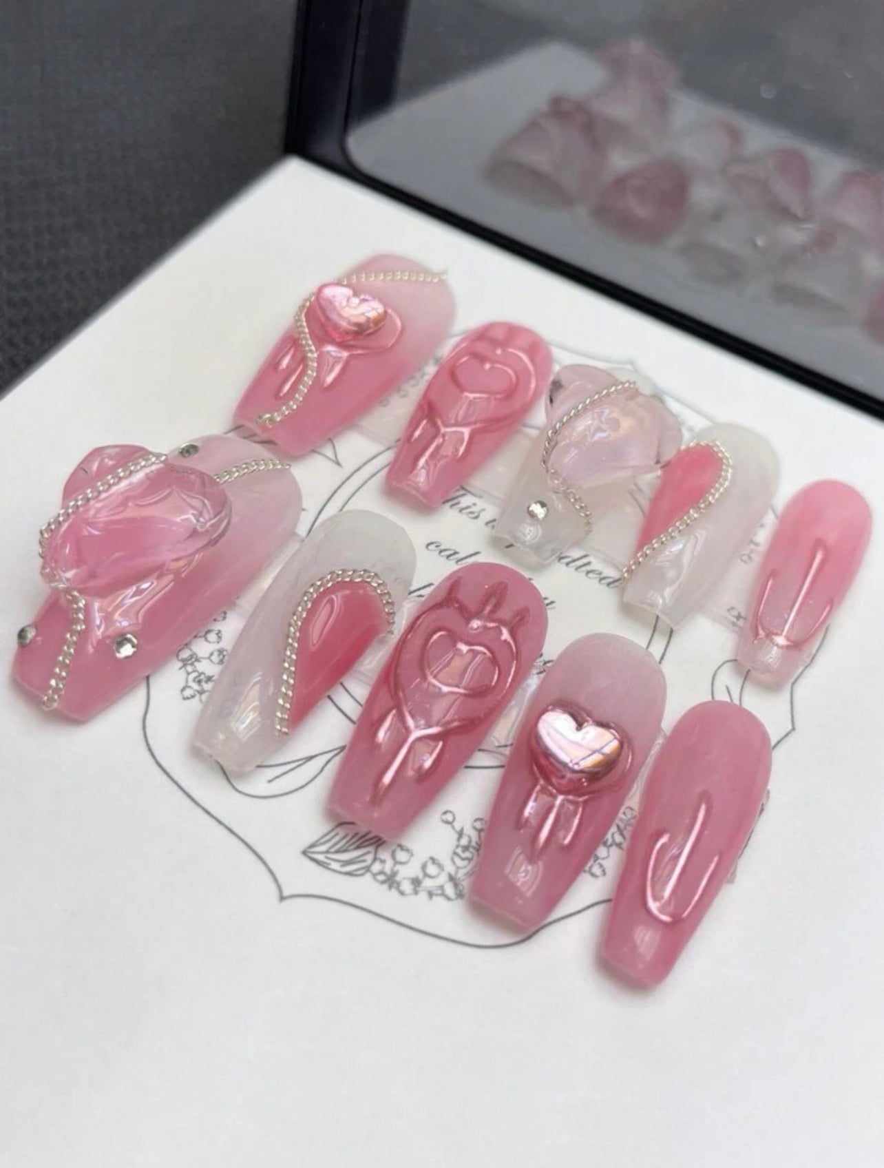 Pink Hearts 💕 - Press On Nails Set (10Pcs, Long coffin)