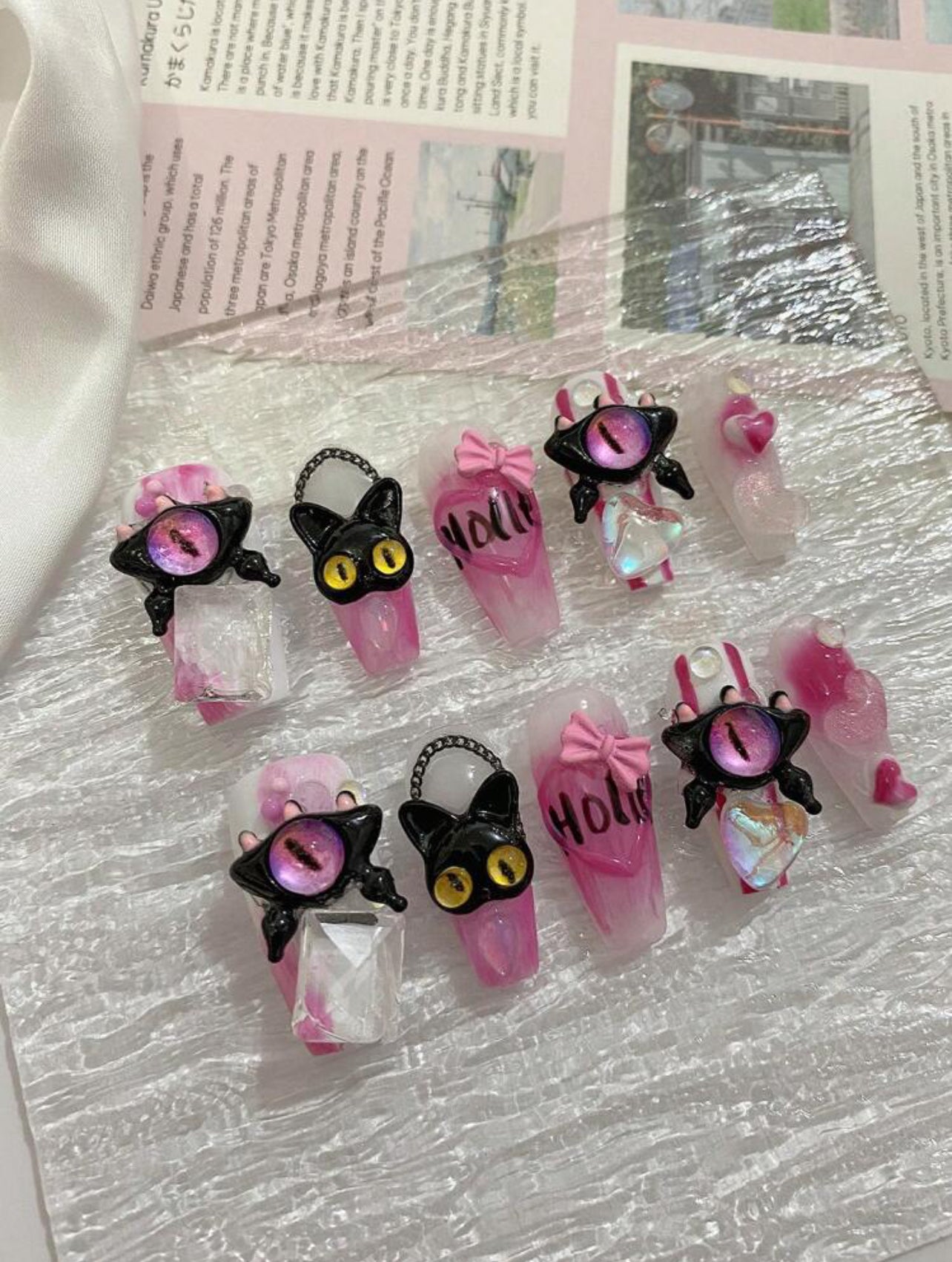 Scary Cat - Press On Nails Set (10Pcs, Long coffin)