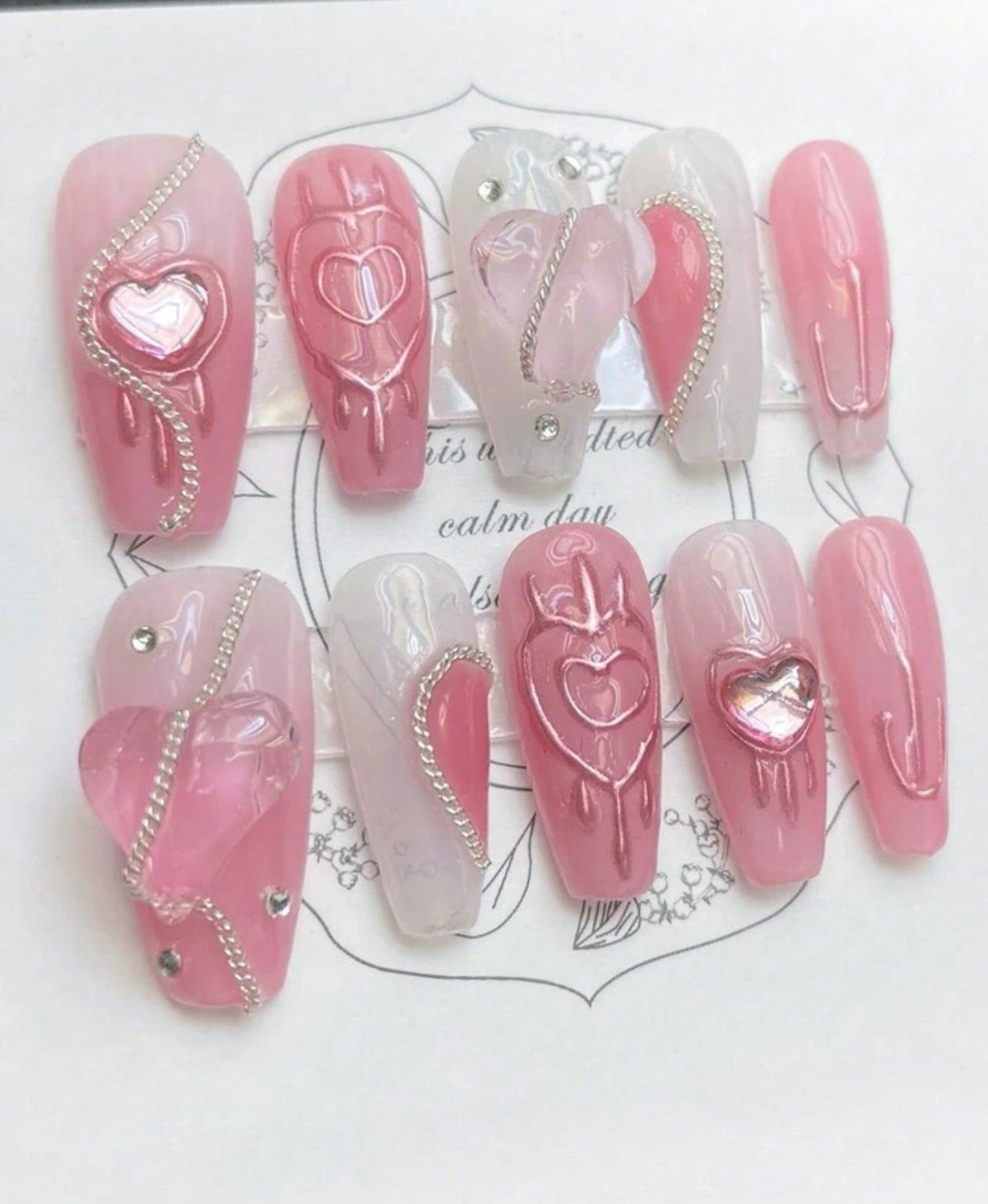 Pink Hearts 💕 - Press On Nails Set (10Pcs, Long coffin)