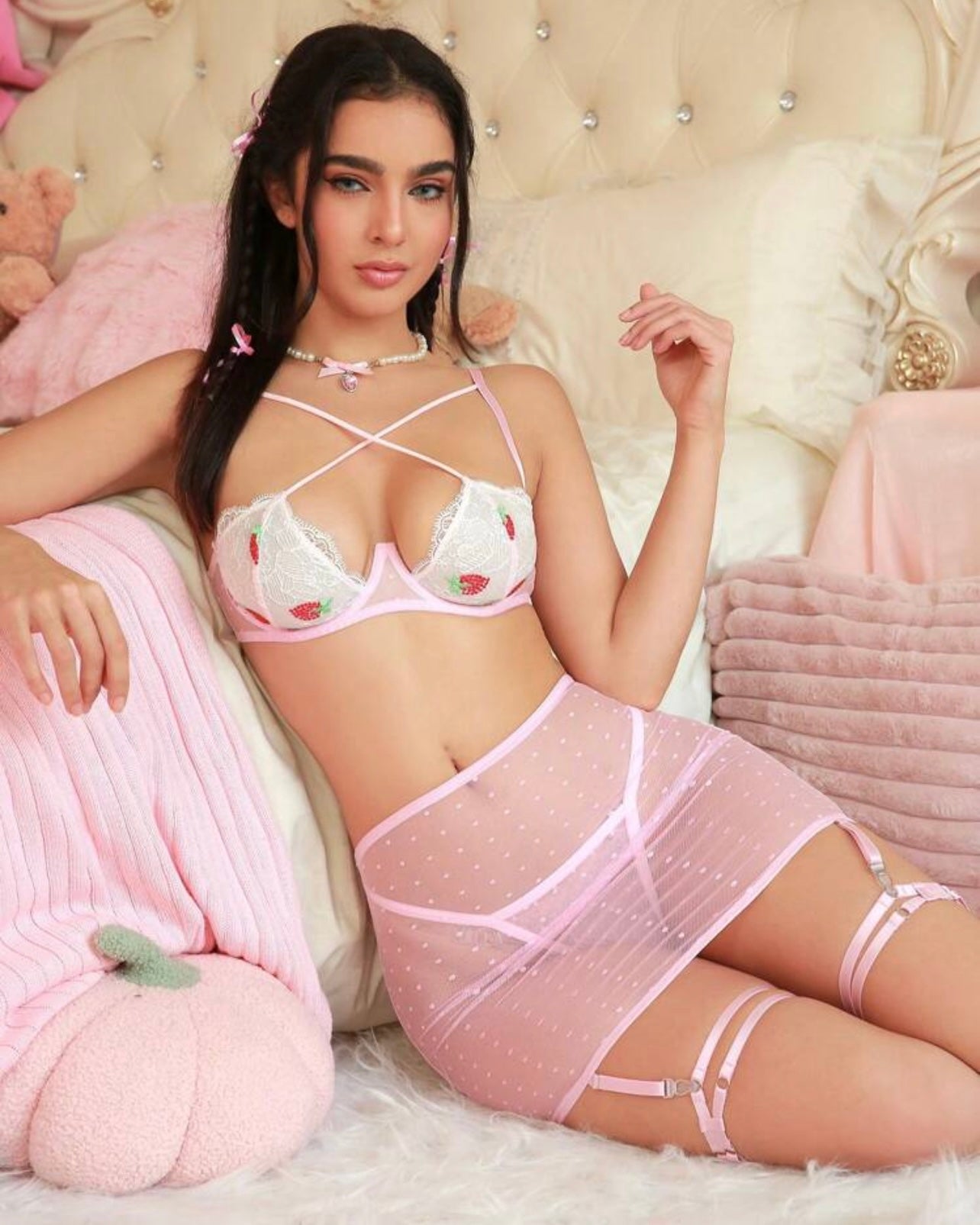 Pretty Doll | Strawberry lace and Mesh Lingerie Set