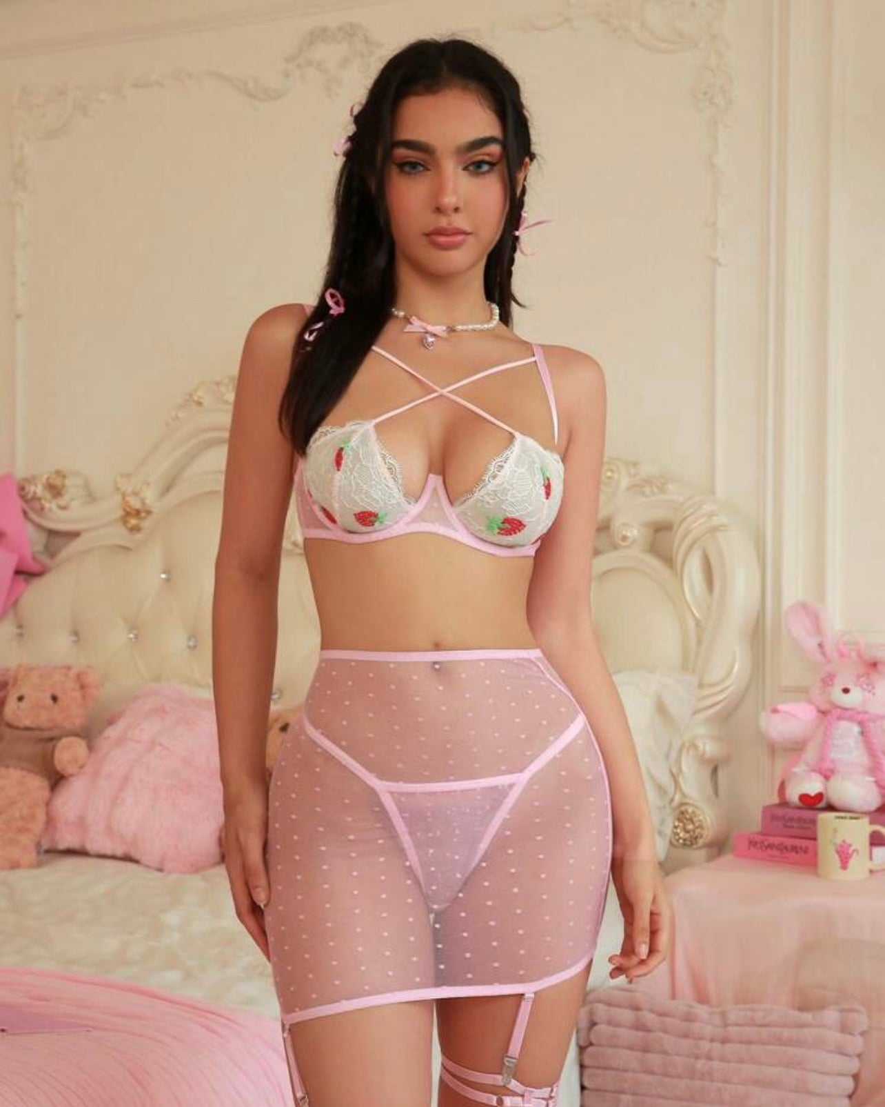 Pretty Doll | Strawberry lace and Mesh Lingerie Set