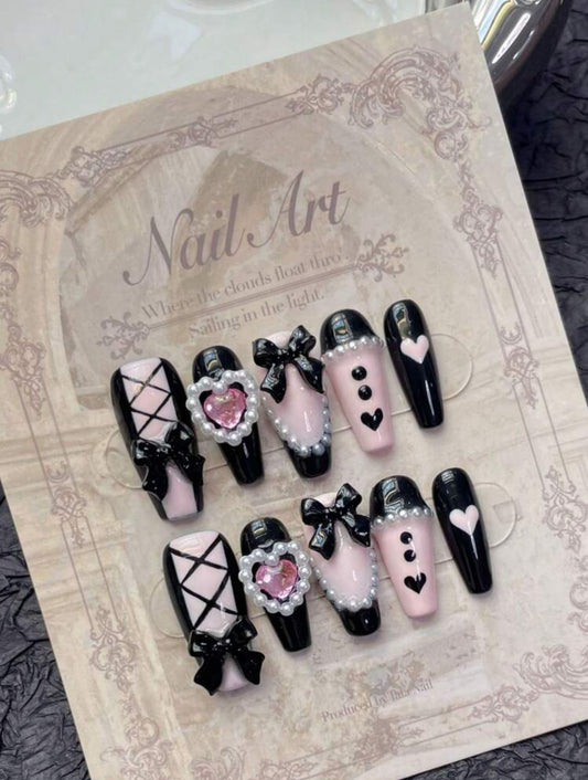 Cute Maid ☺️ - Press On Nails Set (10Pcs, Long coffin)