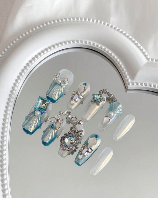 Fancy Ocean 🌊 - Press On Nails Set (10Pcs, Long coffin)